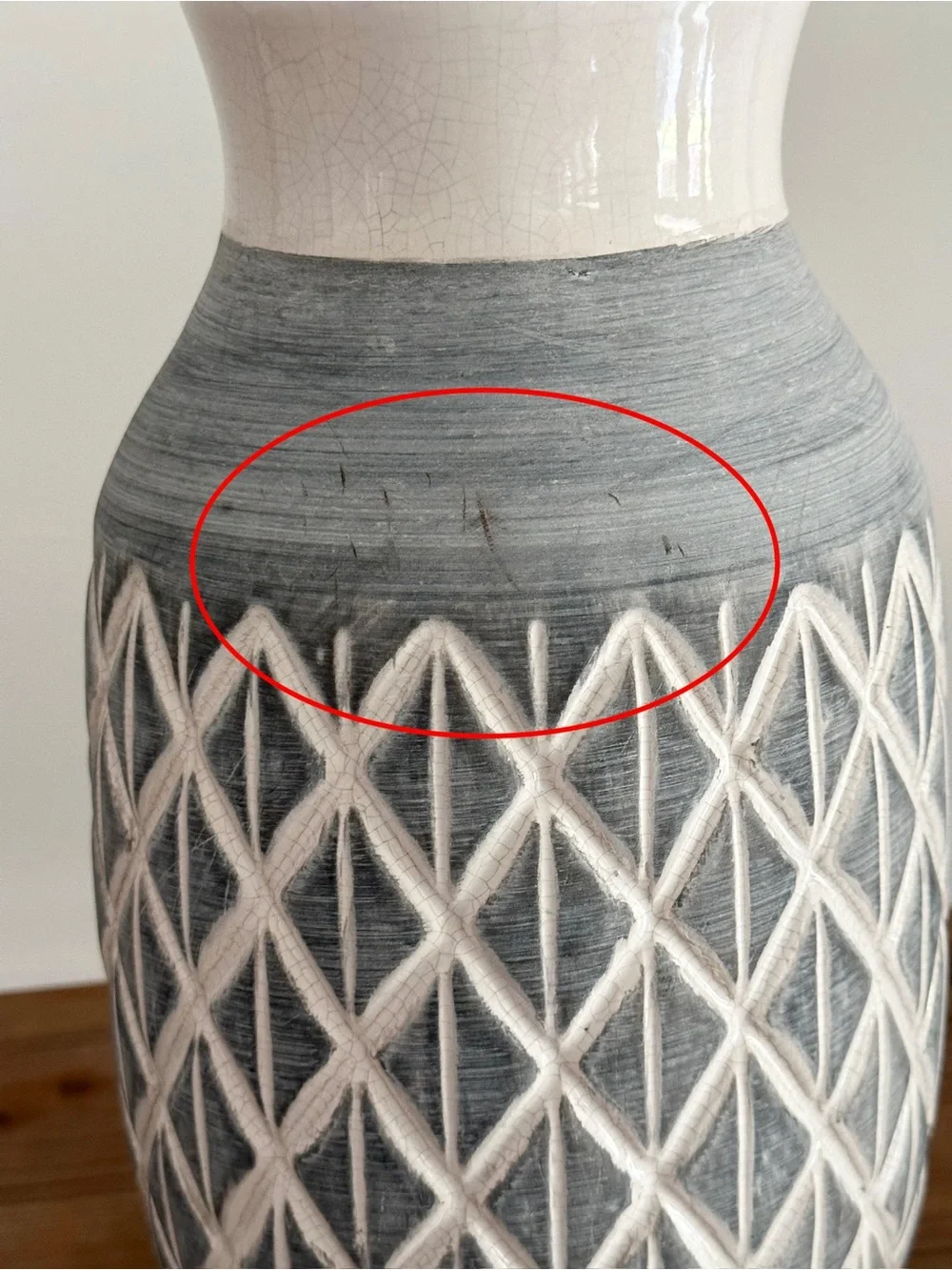 Textured Ceramic Vase in Gray Blue and White Diamond Pattern
